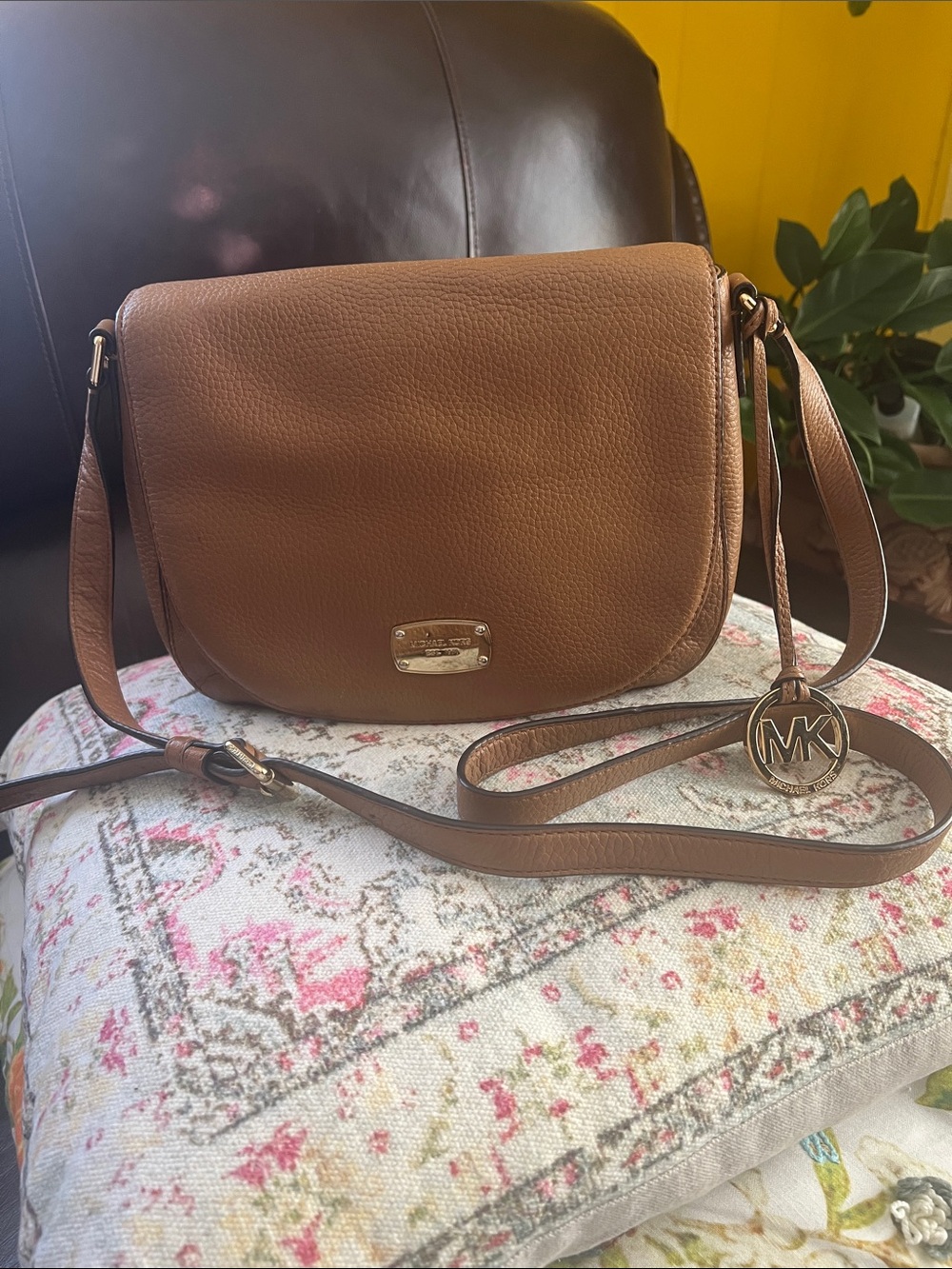Michael Kors Tan Pebbled Leather Crossbody with MK Charm